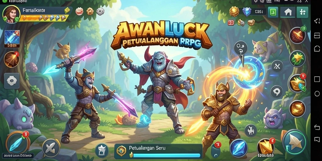 Screenshot gameplay <strong>AWANLUCK</strong> yang menunjukkan pertarungan epik di dunia fantasi.