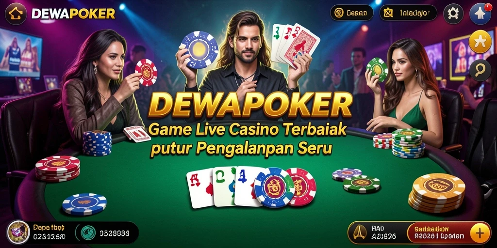 Screenshot gameplay DEWAPOKER yang menunjukkan dealer dan meja permainan.