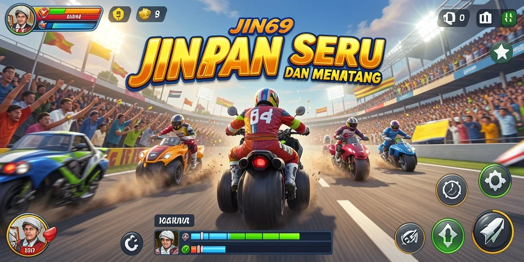 Screenshot JIN69 menampilkan mobil balap melaju kencang di trek yang menantang.