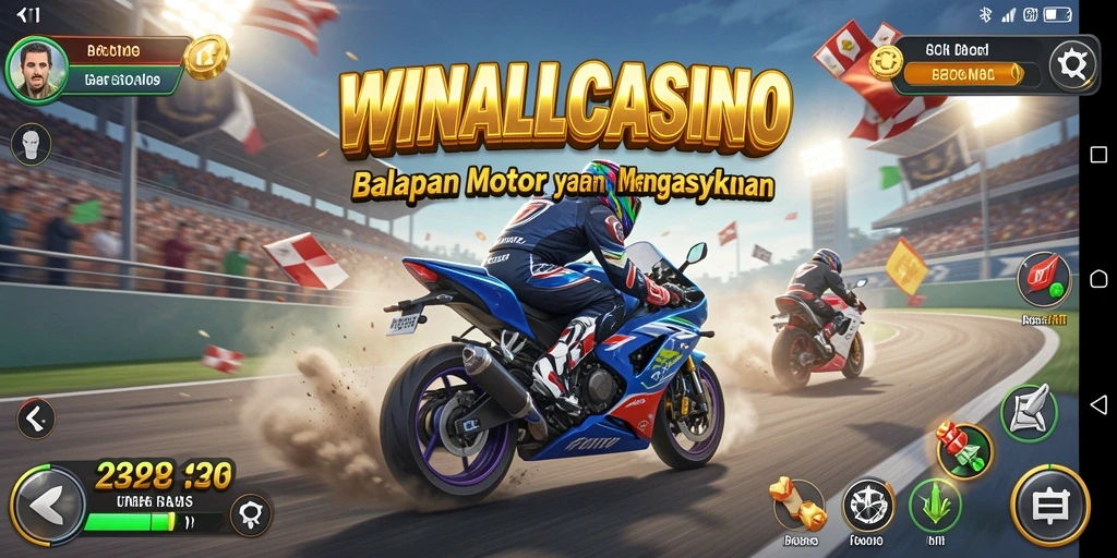 Tampilan gameplay seru dari WINALLCASINO dengan aksi balap motor.